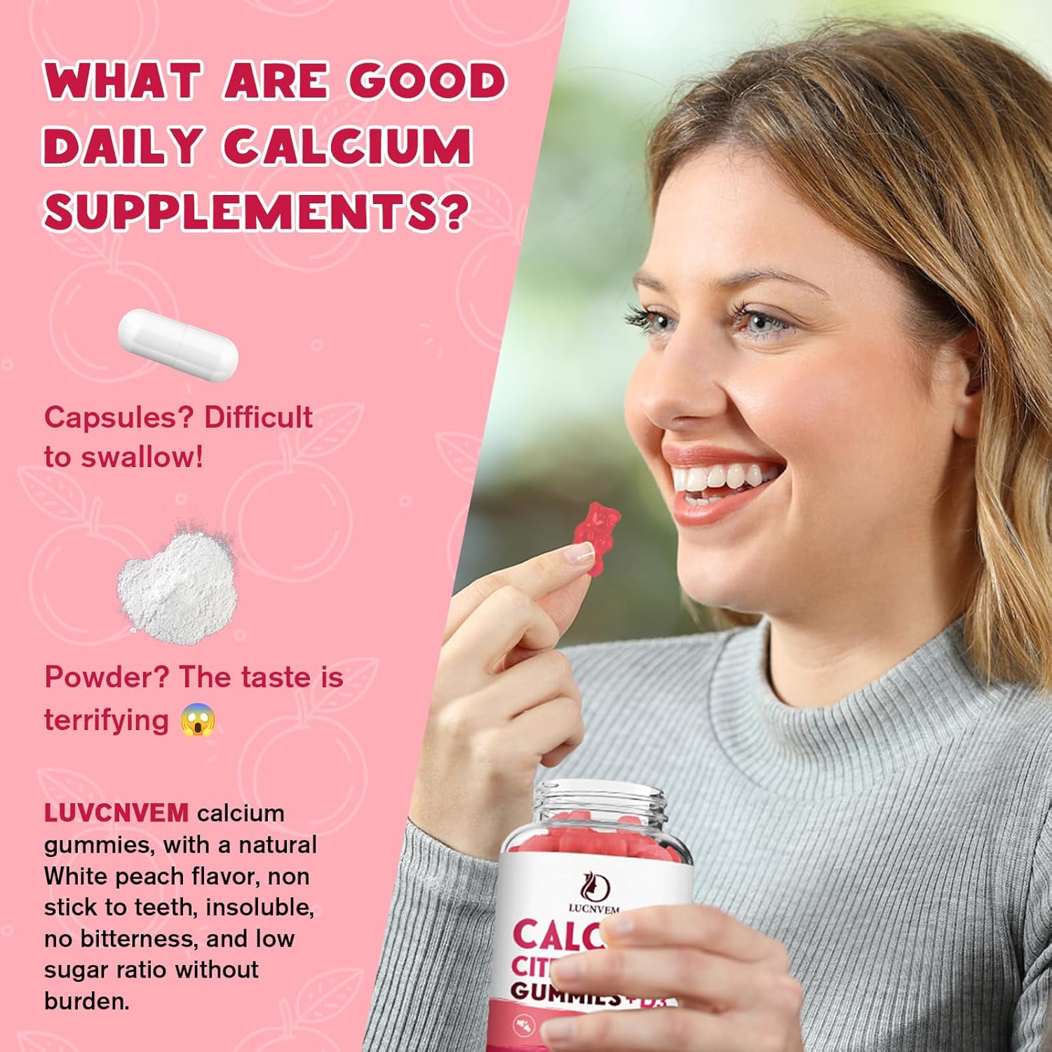 Calcium Citrate 1200mg with Vitamin D3 Gummies, Calcium Gummies with Vitamin D3 for Women & Men, Calcium Magnesium Zinc for Bone Muscle Healthy- Natural White Peach Flavor- 30 Day Supply