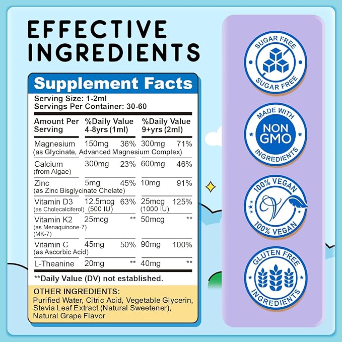 Magnesium Glycinate Liquid for Kids, Kids Magnesium Liquid Drops Supplement with L-Theanine, Calcium, Zinc, Vitamin D3 K2 for Sleep Calm Relaxation Brain Bones Focus, Grape Flavor 2 Fl Oz