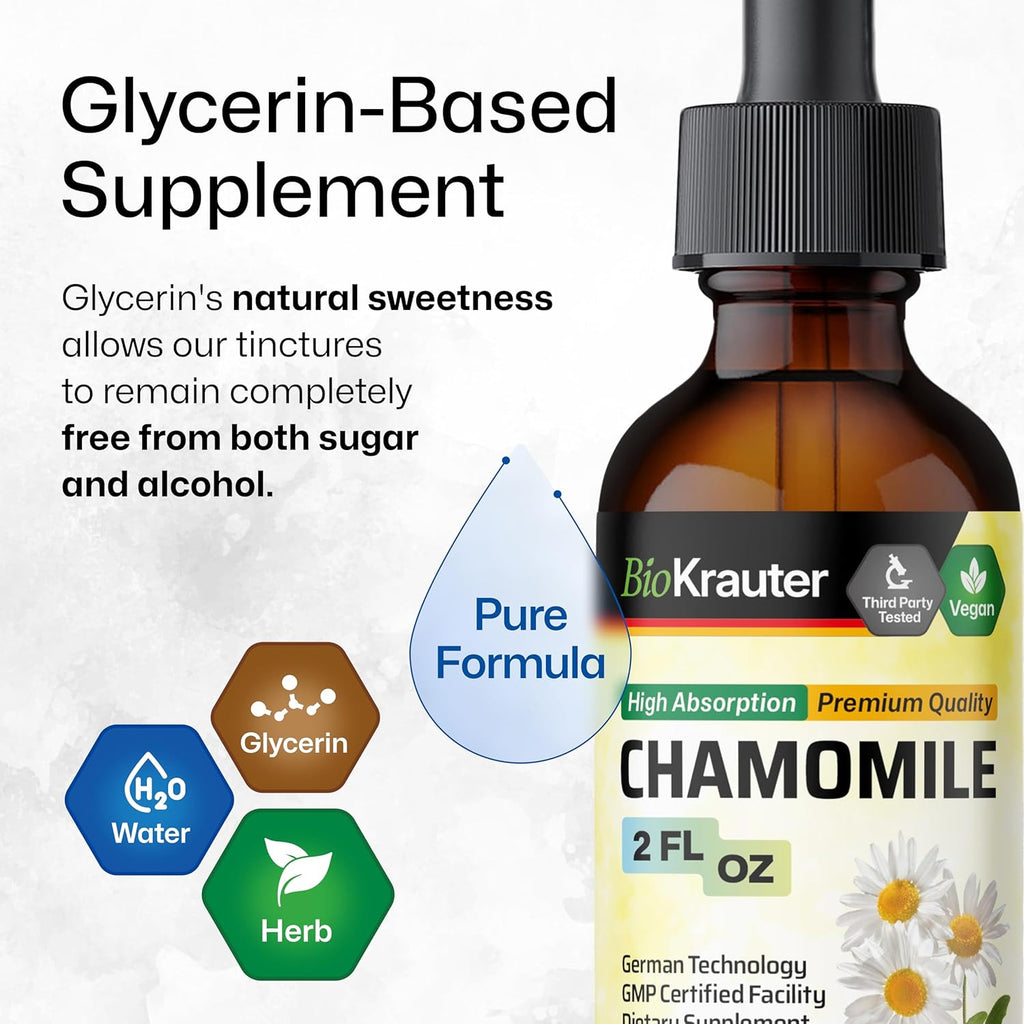 BIO KRAUTER® Chamomile Extract - Liquid Drops Pure Vegan Chamomile Supplement 670 mg per Serving 2 Fl.Oz 28-Day Supply - Used for Calm & Relax - Alcohol & Sugar Free - Natural Calm & Sleep Support