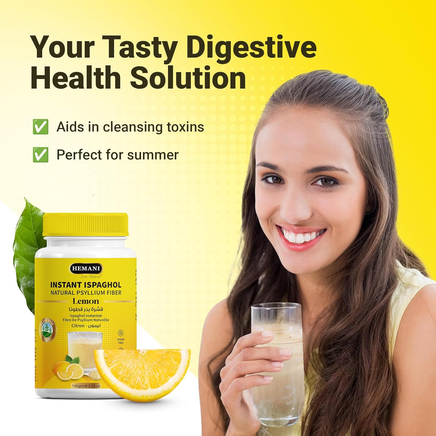 Hemani Instant Psyllium Husk Ispaghol 100g | Lemon Flavored On-The-Go Fiber Supplement | Supports Digestive Health | Add to Water for a Refreshing Drink