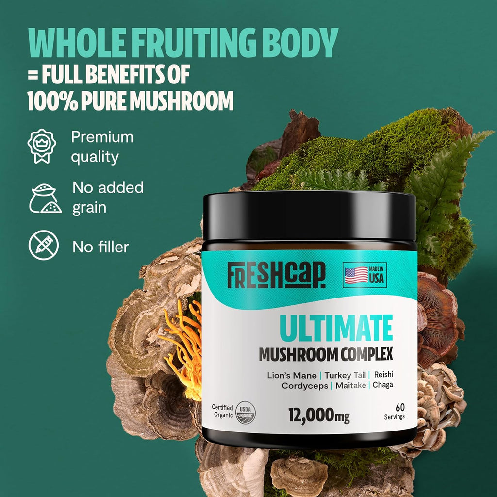 FreshCap Mushrooms Ultimate Mushroom Supplement Powder 12,000mg - Nootropic Organic Mushroom Complex for Focus & Memory, Brain Support Supplement, Ayurveda Mushroom Powder Extract (60 Servings)