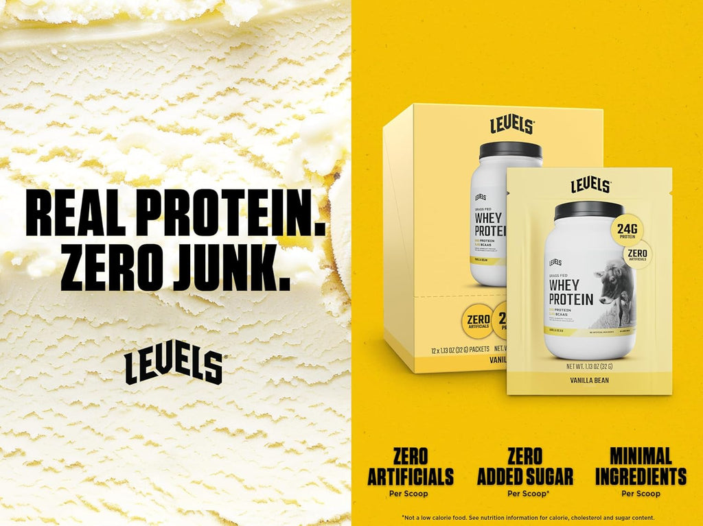 Levels Grass Fed Whey Protein Powder, No Artificials, 24G of Protein, Vanilla Bean, 12 Count
