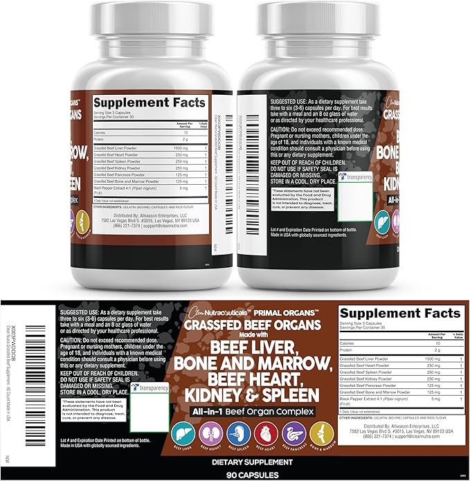 Clean Nutraceuticals Grass Fed Beef Liver Capsules - Premium Quality Supplement Packed with Desiccated, Beef Heart, Spleen, Pancreas Plus Bone & Marrow Dao Enzyme Pills