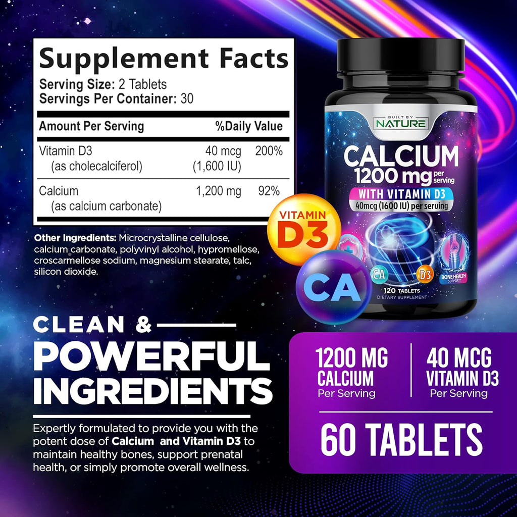 Calcium 1200mg with Vitamin D3 for Best Absorption - Advanced Bone Support Supplement, 1200 mg Calcium Carbonate & 1600 IU Vitamin D3, Slow Release for Immune Support, Easy to Swallow, 60 Tablets