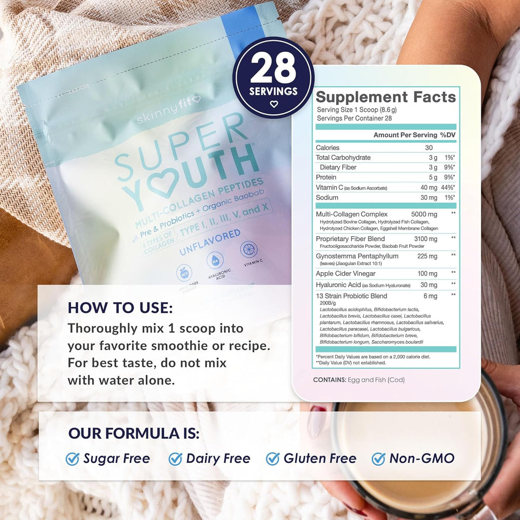 SkinnyFit - Super Youth Collagen for Women - Multi Collagen Peptides Powder - Probiotics, Fiber, Hyaluronic Acid - Non GMO, Gluten Free, Sugar Free - Beauty & Self Care - Unflavored (28 Servings)