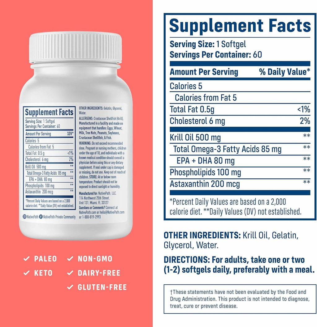 NativePath Antarctic Krill Oil - Wild-Caught Omega 3 Krill Oil 500mg Softgels with EPA, DHA and Astaxanthin - Supplement for Joint, Heart, Brain and Immunity - 60 ct - No Fishy Aftertaste