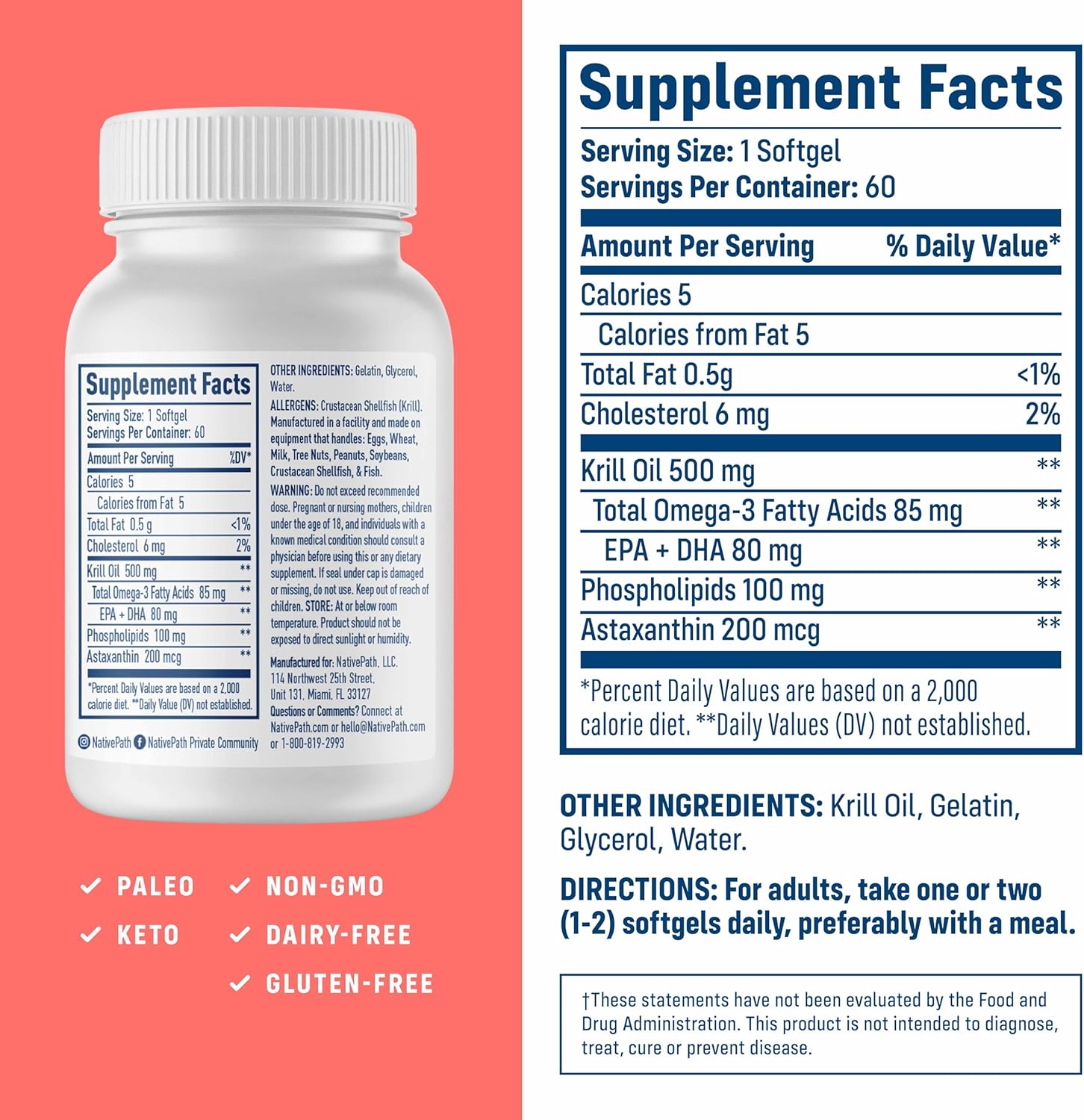 NativePath Antarctic Krill Oil - Wild-Caught Omega 3 Krill Oil 500mg Softgels with EPA, DHA and Astaxanthin - Supplement for Joint, Heart, Brain and Immunity - 60 ct - No Fishy Aftertaste