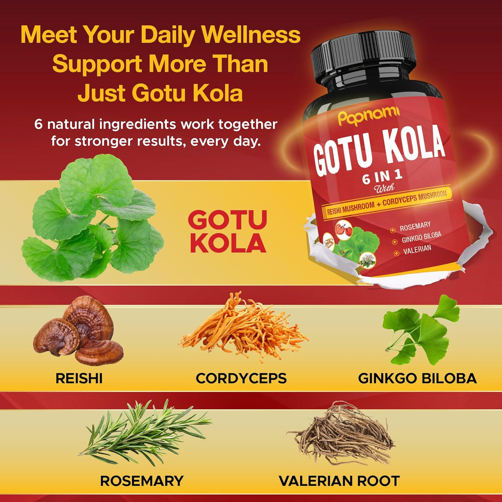 Organic Gotu Kola Extract Capsules with Reishi, Cordyceps, Rosemary, Gingko Biloba & Valerian Root - 90 Counts for 3 Months - Supports Brain, Immunity, Skin & Heart Health