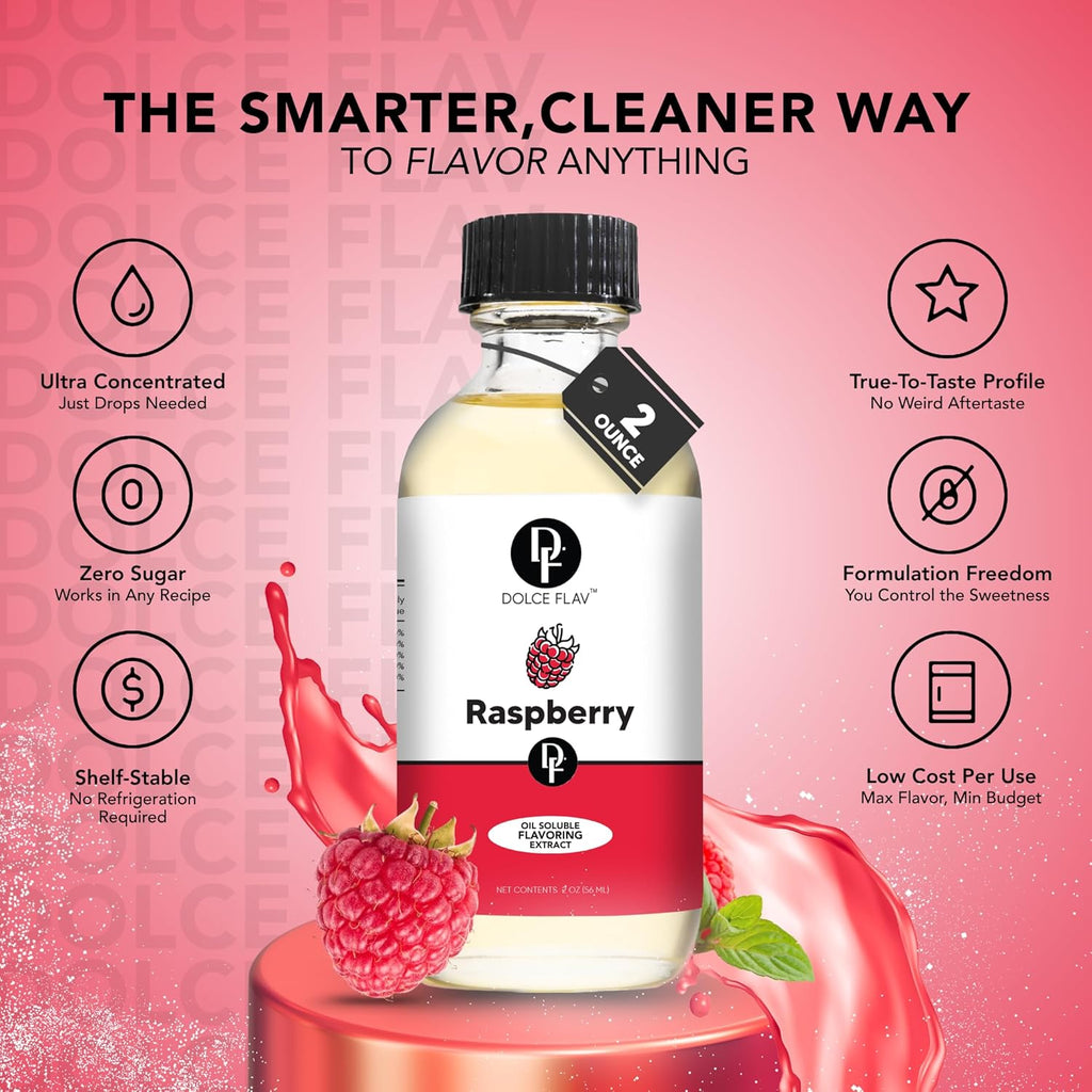 Dolce Flav Raspberry Extract – 2 Ounce Oil-Soluble Kosher, Sugar-Free, Concentrated Raspberry Flavoring for Chocolates, Candies & Baking, Includes Measured Dropper