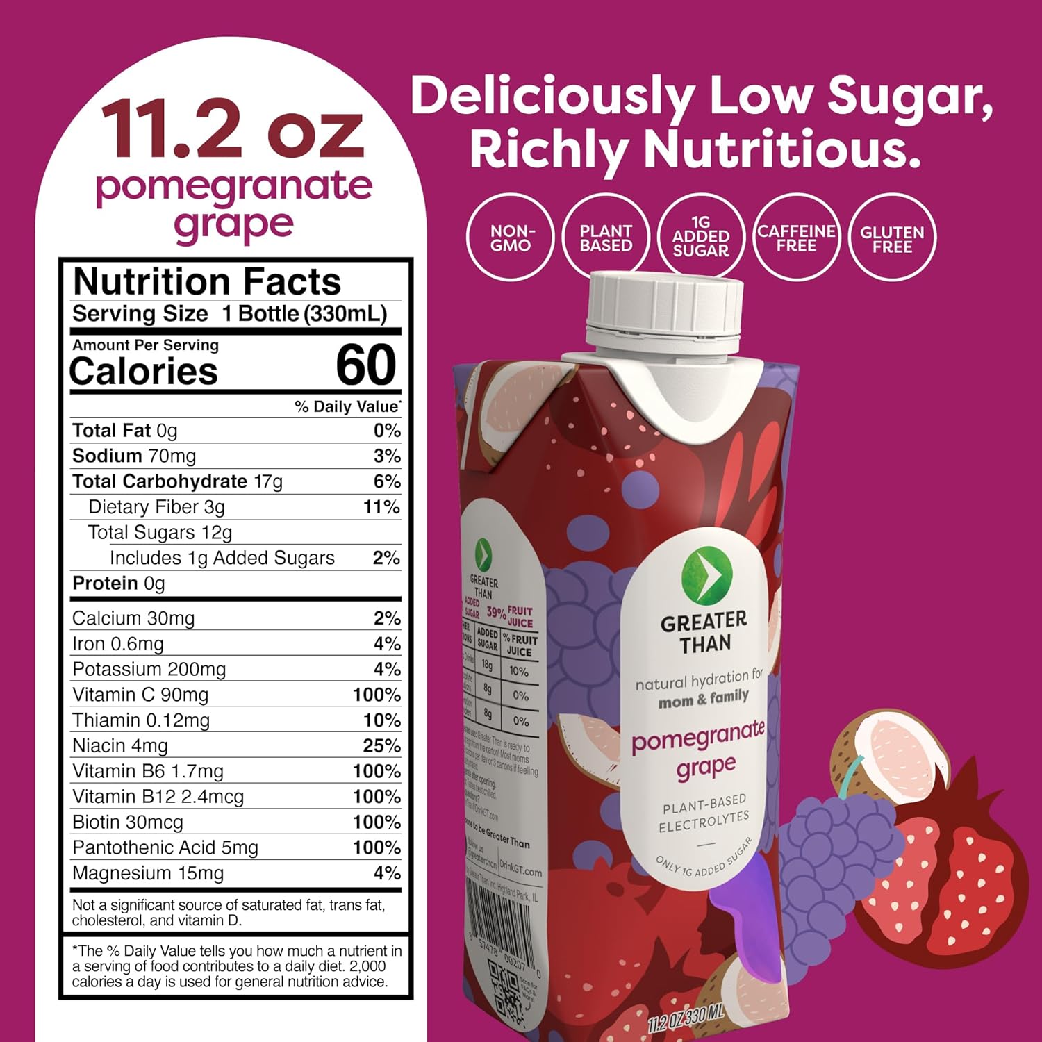 Greater Than Nutrient Hydration Beverage, Electrolyte Drink for Gut Health & Energy with Coconut Water, Vitamins, Gluten Free, Plant Based, Low Sugar, Pomegranate Grape, 24 Pack