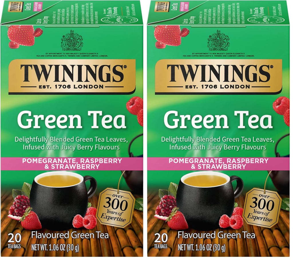 Twinings Green Tea with Pomegranate, Raspberry, & Strawberry Individually Wrapped Bags, 20 Count (Pack of 2), Caffeinated, Enjoy Hot or Iced, 20 Teabags