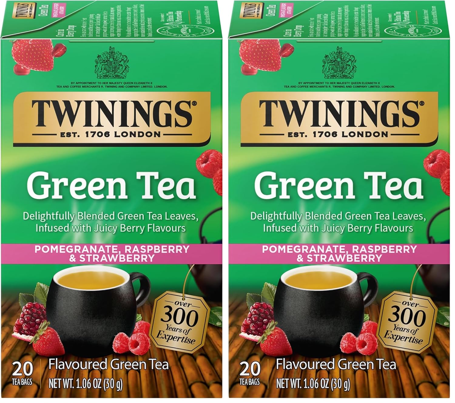 Twinings Green Tea with Pomegranate, Raspberry, & Strawberry Individually Wrapped Bags, 20 Count (Pack of 2), Caffeinated, Enjoy Hot or Iced, 20 Teabags
