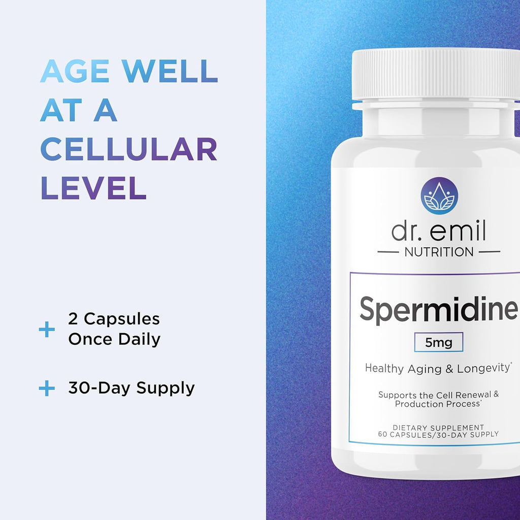 DR. EMIL NUTRITION Men & Women Spermidine 5mg Supplements | Aging Supplement | Pure Spermidine 3HCL & Thiamin 20mg | 60 Capsules | 30 Day Supply