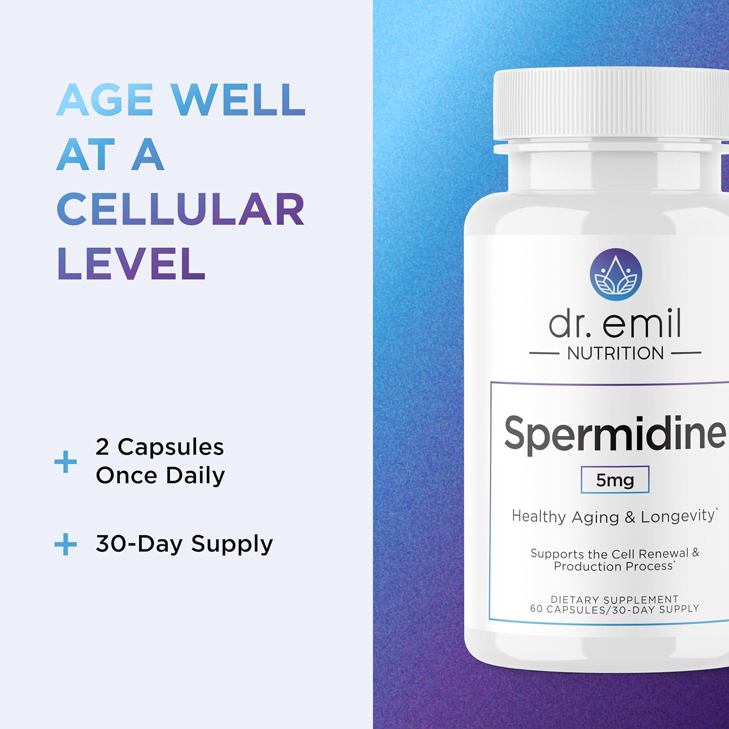 DR. EMIL NUTRITION Men & Women Spermidine 5mg Supplements | Aging Supplement | Pure Spermidine 3HCL & Thiamin 20mg | 60 Capsules | 30 Day Supply