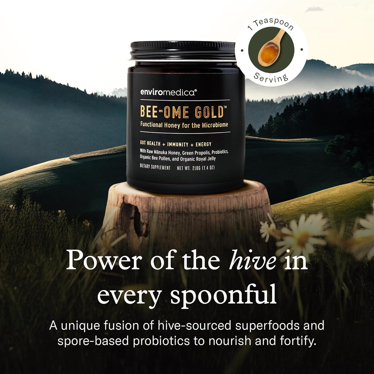 Bee-Ome Gold by Enviromedica - Unpasteurized Raw Manuka Honey with Probiotics, Royal Jelly, Bee Pollen & Propolis, Functional Superfood Honey, 7.4oz