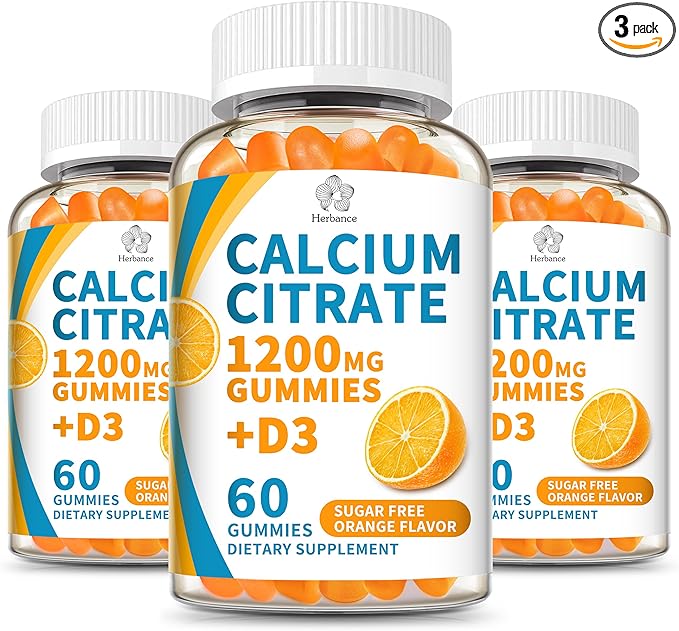 (3 Pack) Calcium Citrate 1200 mg Gummies with Vitamin D3, High Absorption Calcium Supplements for Women & Men, Sugar Free, Non-GMO, Gluten Free, Supports Muscle & Immune - Orange Flavor