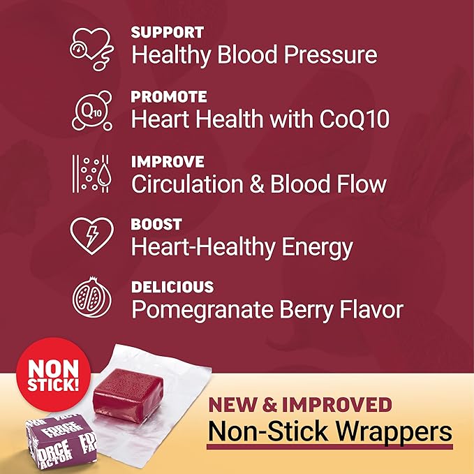 Force Factor Total Beets Ultimate Heart Health Chews for Blood Pressure Support, with Beetroot Powder, CoQ10, B Vitamins & Grapeseed Extract for Blood Flow & Energy, Black Cherry, 60 Soft Chews