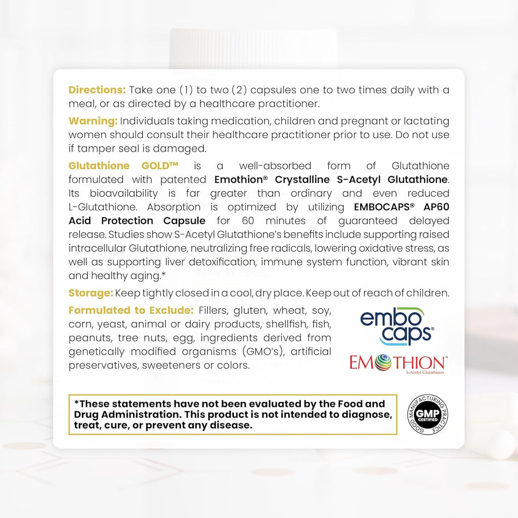 Pure Therapro Rx S-Acetyl Glutathione Gold 100mg, Made in USA - 4 Month Supply | Acid Resistant Capsules | Patented Acetylated Form of Glutathione | Zero Fillers, Pharmaceutical Grade, Non GMO