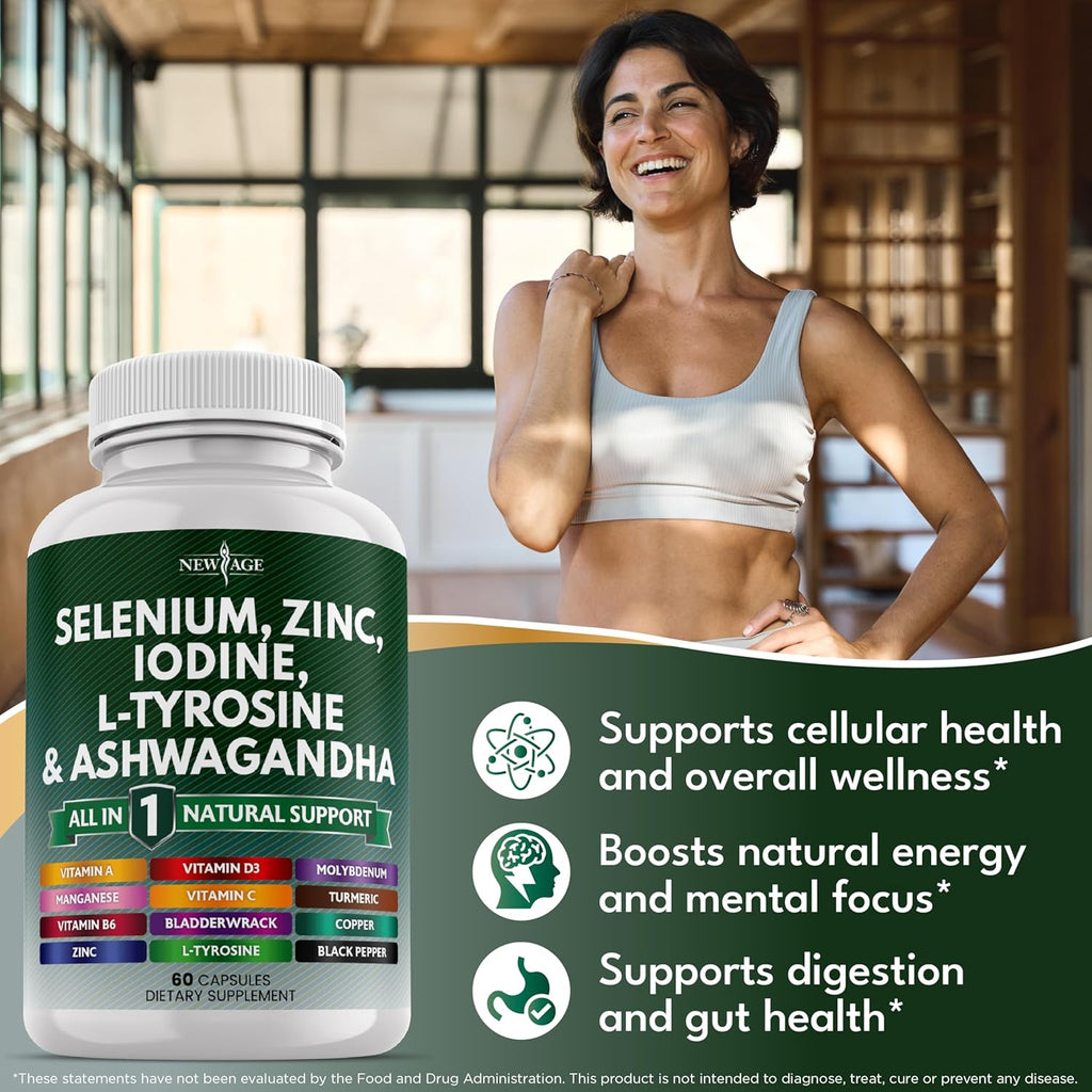 Selenium, Zinc, Iodine, L Tyrosine, Ashwagandha - Thyroid Support Supplement for Women and Men with Bladderwrack, Turmeric, Silica Kelp, Schisandra - 60 Count