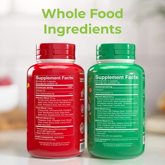Balance of Nature Fruits & Veggies Supplements - Whole Fruit and Vegetable Ingredients for Women, Men, and Kids - 90 Fruits Capsules, 90 Veggies Capsules - 2 Sets