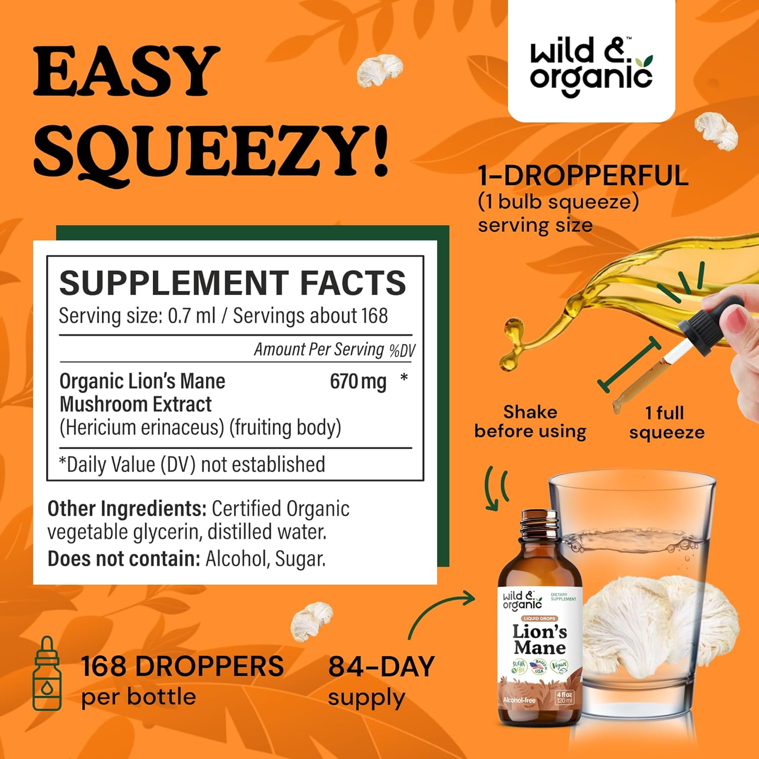 Wild & Organic Lions Mane Liquid Drops - Brain & Focus Support - Lion's Mane Mushroom Supplement - Hericium Erinaceus Mushroom Drops - Vegan, Sugar & Alcohol-Free Extract Tincture - 4 fl oz