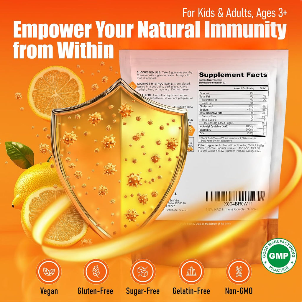 Sugar-Free NAC Gummies (Immune Support Complex) N-Acetyl Cysteine, Vitamin C & Zinc - Supports Respiratory Health, Liver Detox & Cleanse, Kidney Function, NAC Supplement for Kids and Adults - Vegan