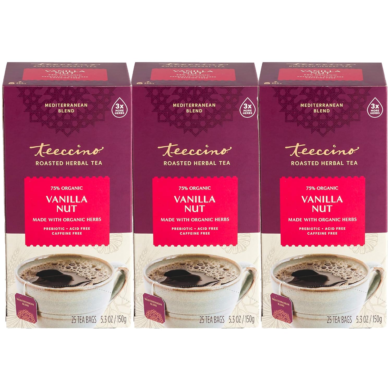 Teeccino Vanilla Nut Herbal Tea - Rich & Roasted Herbal Tea That’s Caffeine Free & Prebiotic for Natural Energy, 25 Tea Bags (Pack of 3)