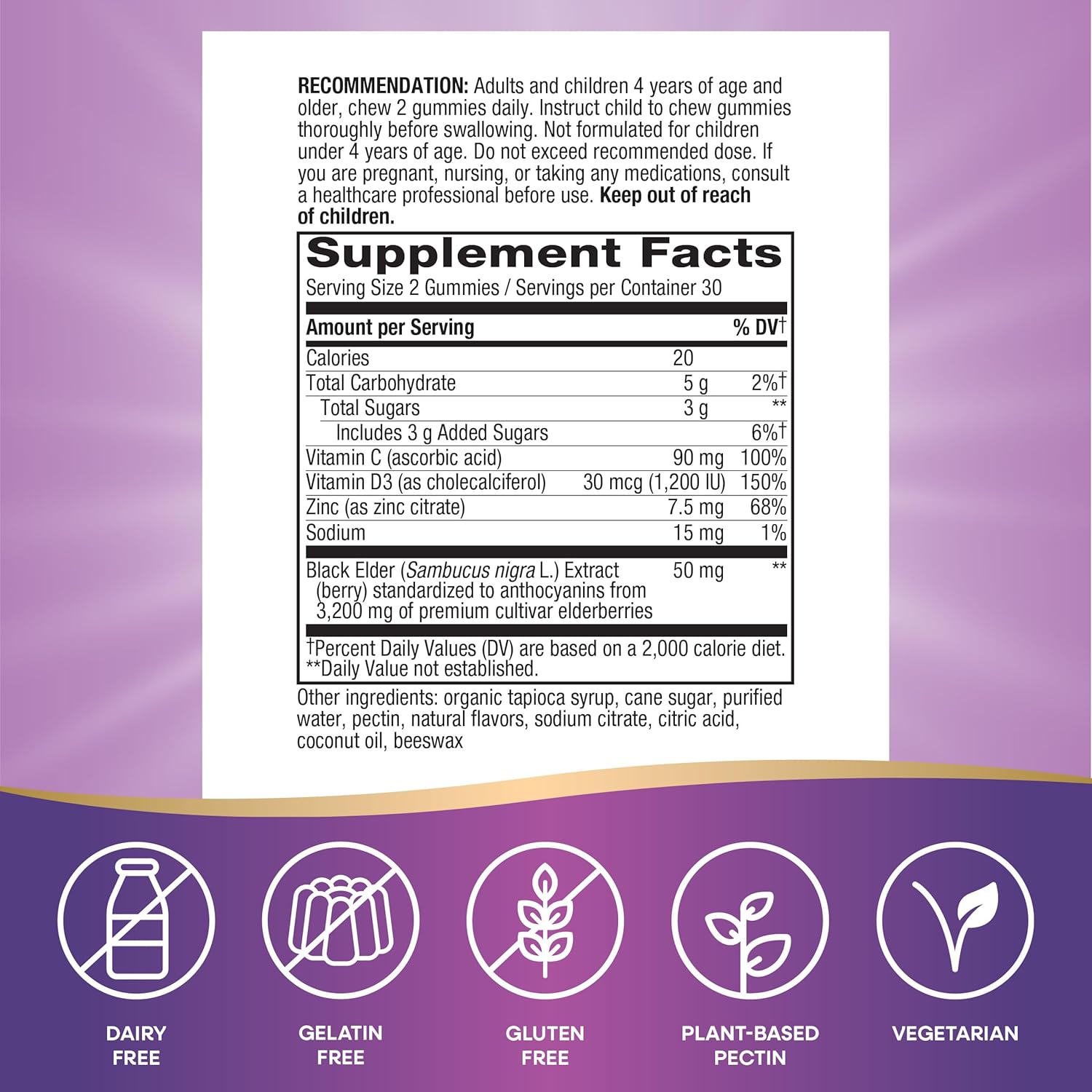 Nature's Way Sambucus Elderberry Immune Gummies, Daily Immune Support for Kids and Adults*, with Vitamin C, Vitamin D3, Zinc, Gluten Free, Vegetarian, 60 Gummies (Set of 3)