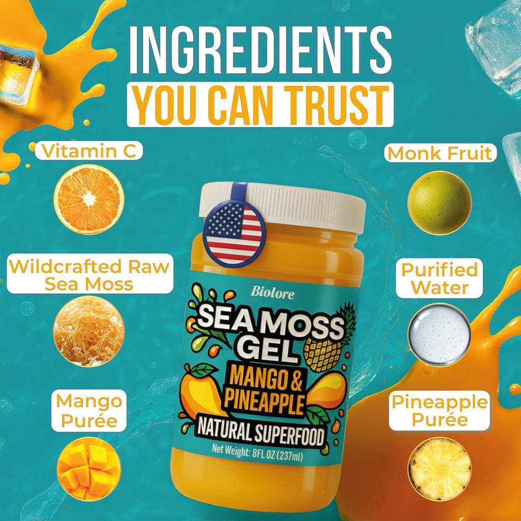 Biolore Sea Moss Gel Mango-Pineapple Made in USA Raw Wildcrafted Irish Seamoss Essential Vitamins Trace Minerals Vegan Superfood, Jam, Jelly & Sweet Spread Gifts (Mango-Pineapple 8OZ)