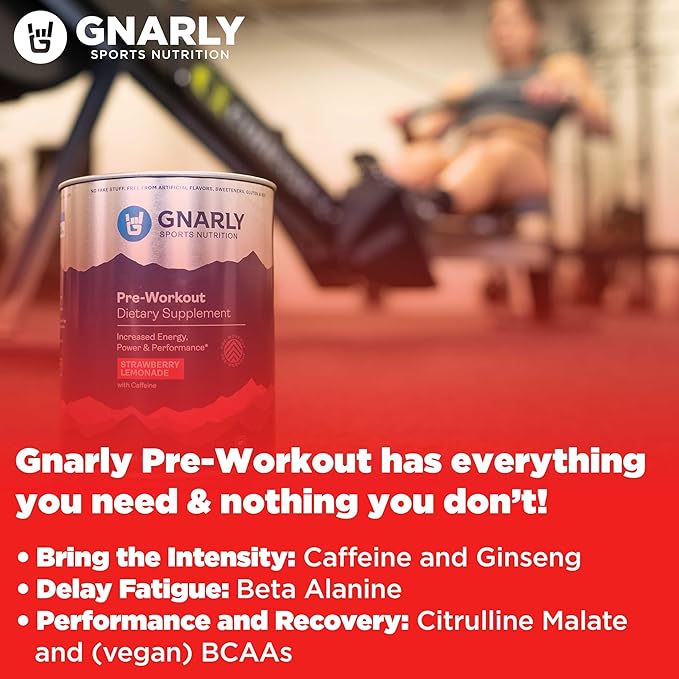 Gnarly Nutrition Natural Pre-Workout Powder, Strawberry Lemonade – NSF Sport Certified, Endurance & Recovery – Vegan Pre-Workout, Sports Nutrition – Strawberry Lemonade with Caffeine, 14.82 oz