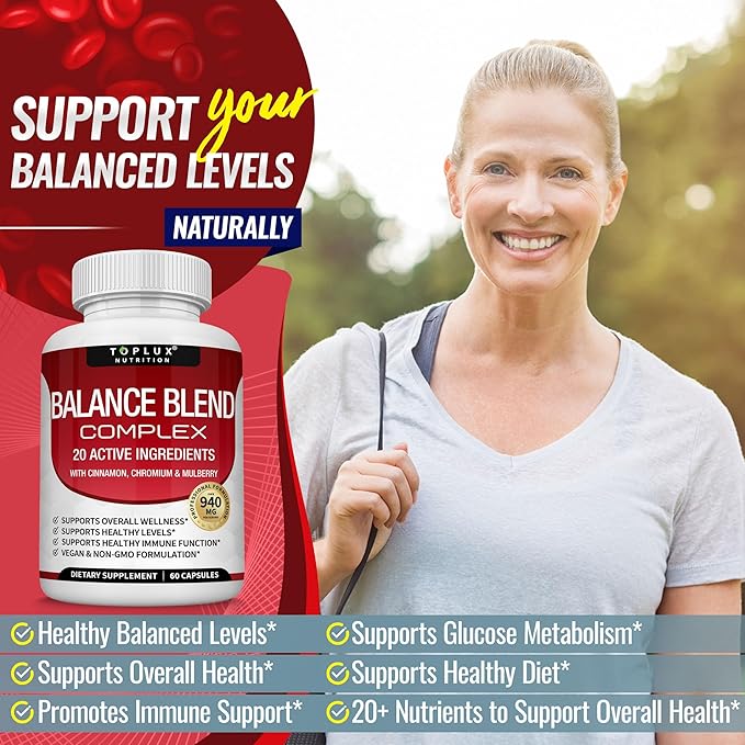 Premium Natural Balance Blend Complex Supplement - Natural 20 Herbs and Vitamins with Cinnamon Non-GMO Vegan, for Men Women, 60 Capsules