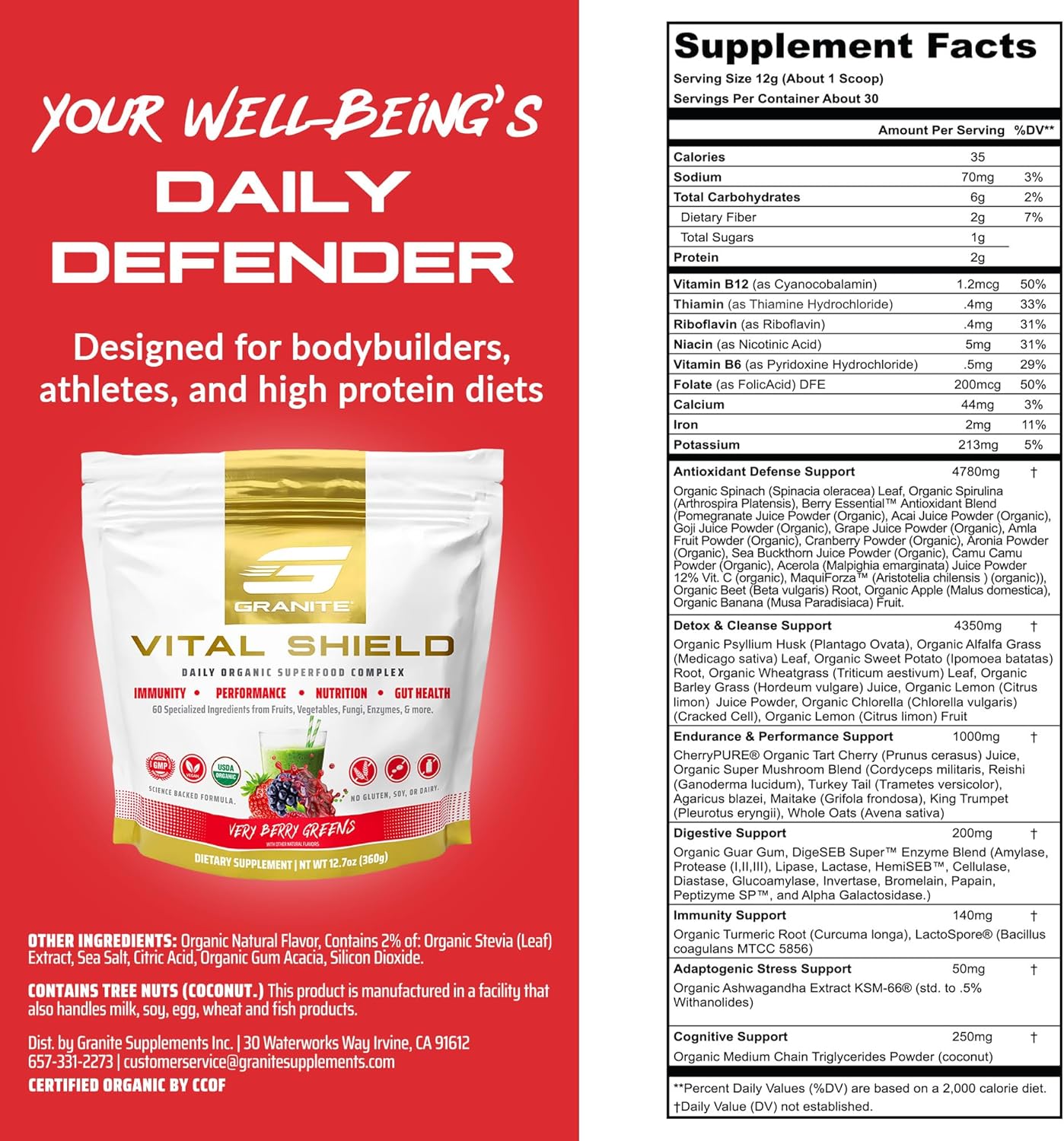 Granite Nutrition Vital Shield - USDA Organic Superfood Greens with Mushrooms & Tart Cherry for Energy, Immunity & Gut Health - Very Berry (30 Servings)