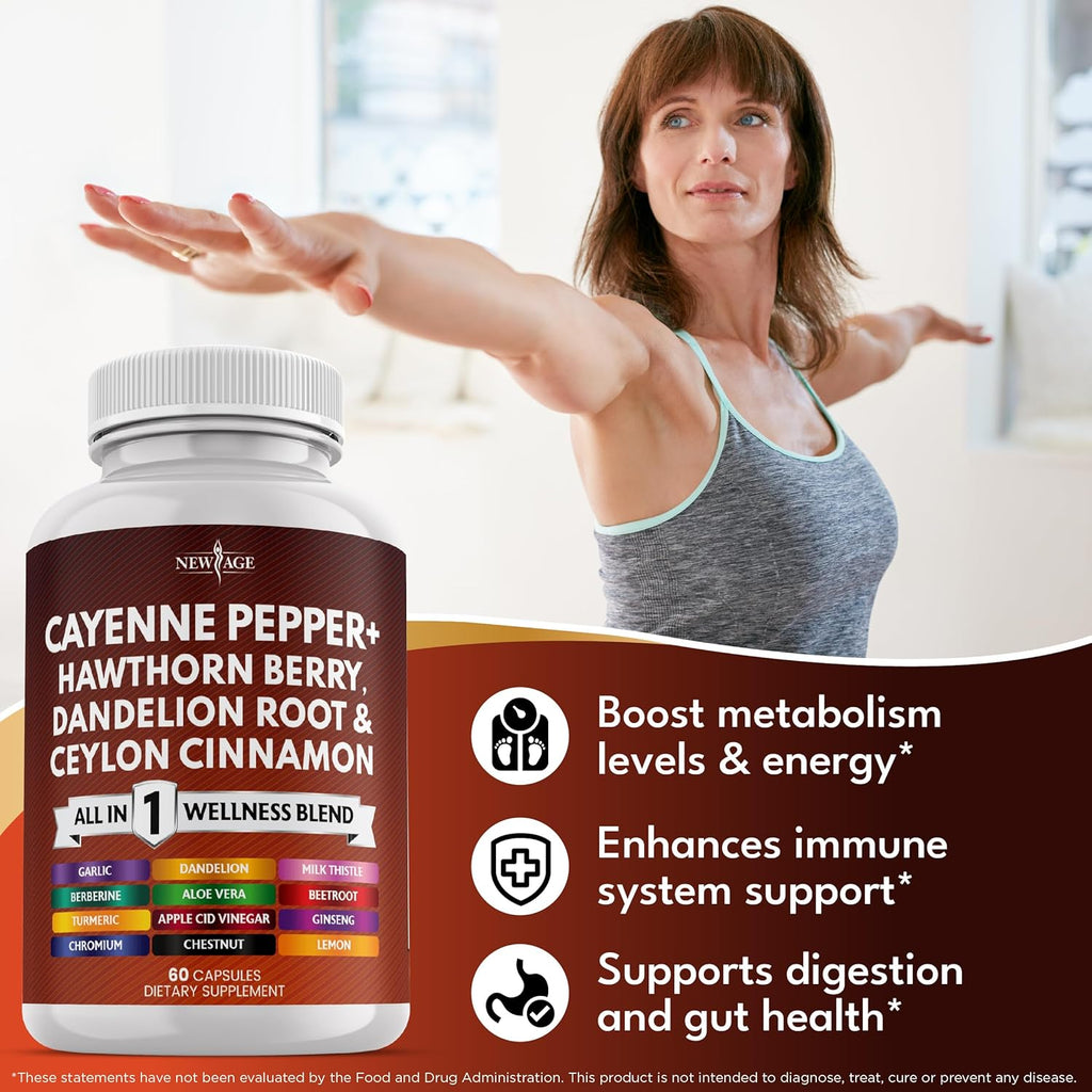 NEW AGE Cayenne Pepper Capsules Supplement with Hawthorn Berry, Dandelion Root, Ceylon Cinnamon, Garlic, Ginger, ACV, Milk Thistle, Beet Root, Aloe Vera - 60 Count