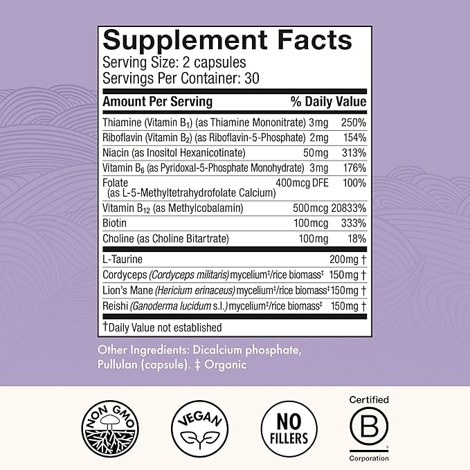 Host Defense MycoBenefits Focus Capsules - Mushroom Supplement for Brain Health Support - Neurological Function Aid for Adults - Includes Lion's Mane, Reishi & B Vitamins - 60 Capsules (30 Servings)