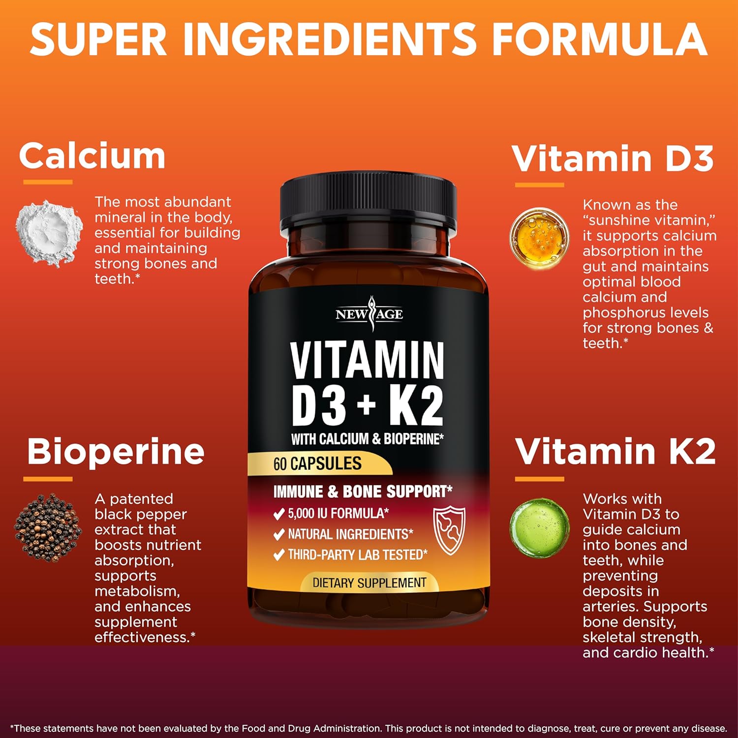 Vitamin D3 5,000 IU + K2 MK-7 100 mcg - 2-in-1 Bone, Immune & Heart Support, Easy to Swallow, Non-GMO - 120 Capsules