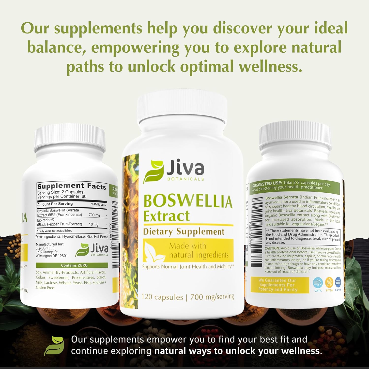 Jiva Botanicals Boswellia Extract Capsules 700mg per Serving - Boswellia Serrata Extract Supplement & Black Pepper - Joint Support Supplement for Normal Joint Health - 120 Capsules (Pack of 1)