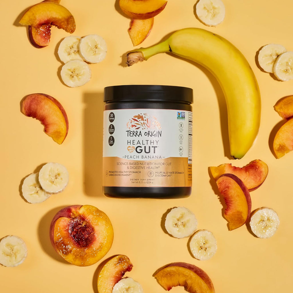 TERRA ORIGIN Healthy Gut Peach Banana | 30-Servings with L-Glutamine, Zinc, Glucosamine, Slippery Elm Bark, Marshmallow Root and More!