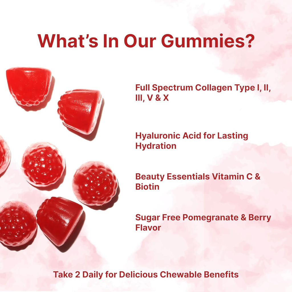 Micro Ingredients Multi Collagen Peptides, 120 Collagen Gummies | Type I,II,III,V,X Protein with Biotin, Hyaluronic Acid, & Vitamin C Complex | Pomegranate & Berry Flavored | Sugar Free, Non-GMO