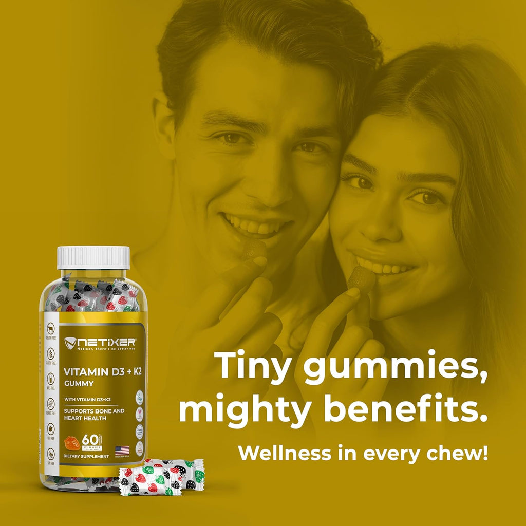 Vitamin D3 + K2 Gummies – Bone & Heart Support – with 10 mcg D3 (Cholecalciferol) & 55 mcg MK-7 K2 – Vegan, Gluten-Free, Gelatin-Free – Orange Flavor – Non-GMO – 60 Gummies – Allergen-Free