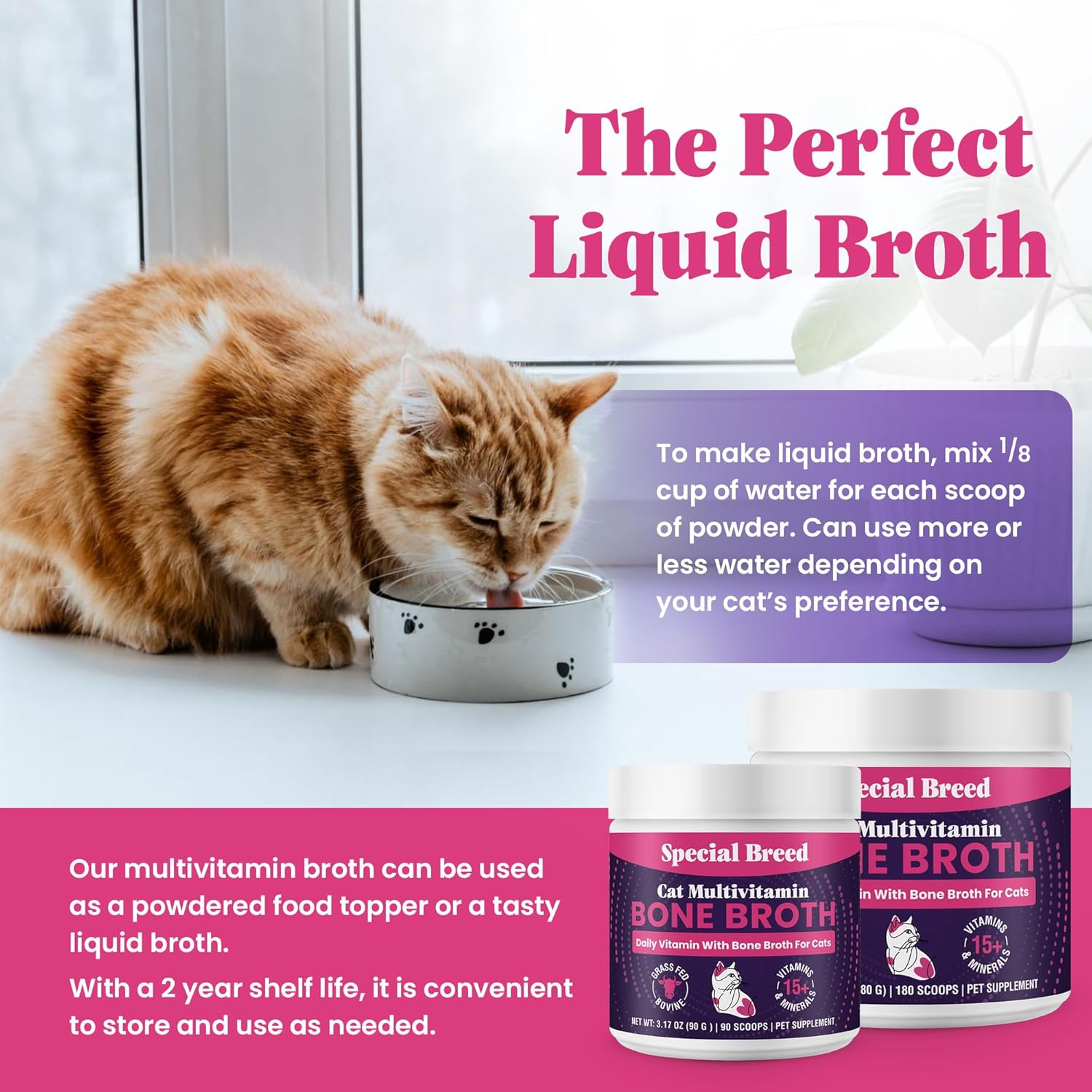 Cat Multivitamin with Grass-Fed Beef Bone Broth – Daily Supplement for Immune, Joint, Skin, Coat & Gut Health – Omega 3s, Lysine, Beta Glucan, Vitamins A-E, C, D – 90 Day Supply – No Fillers