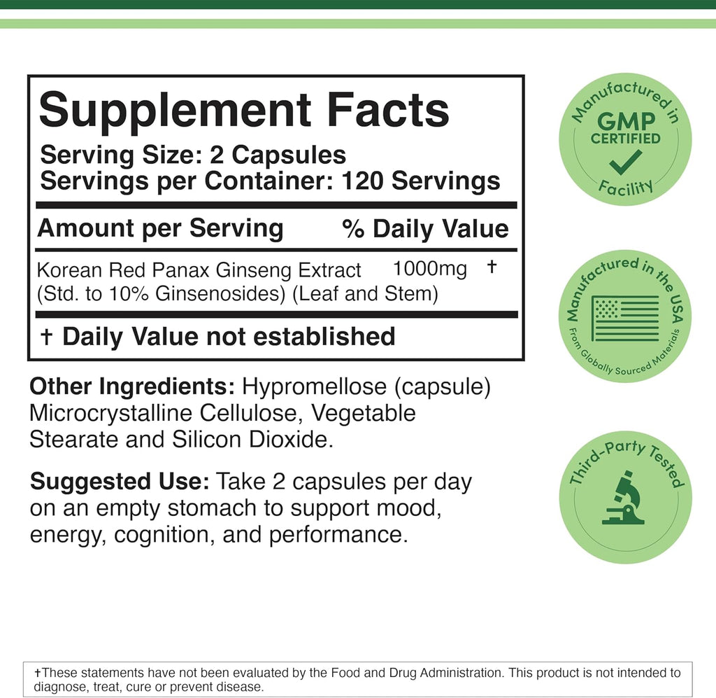 Ginseng Capsules (Korean Red Ginseng Extract, Panax Ginseng 10% Ginsenosides) (4 Month Supply) 240 Vegan Capsules - 1,000mg per Serving for Mood, Cognitive Function and Energy Support by Double Wood