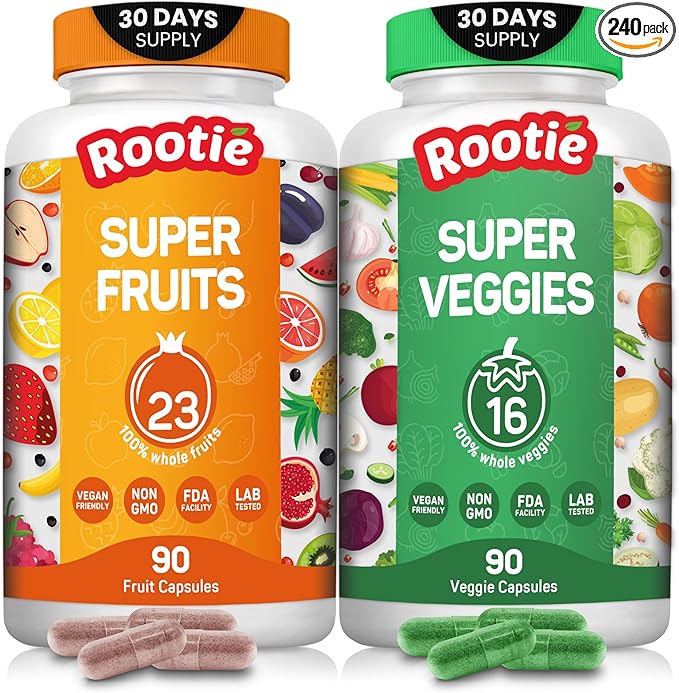 Fruits and Veggies Supplement Powerfull Blend of 39 Whole Fruits and Veggies, Fills Nutritional Gaps, Get Energy, Well-being. USA Made Non-GMO/Vegan/Gluten Free. Packaging May Vary (30 Day Supply)