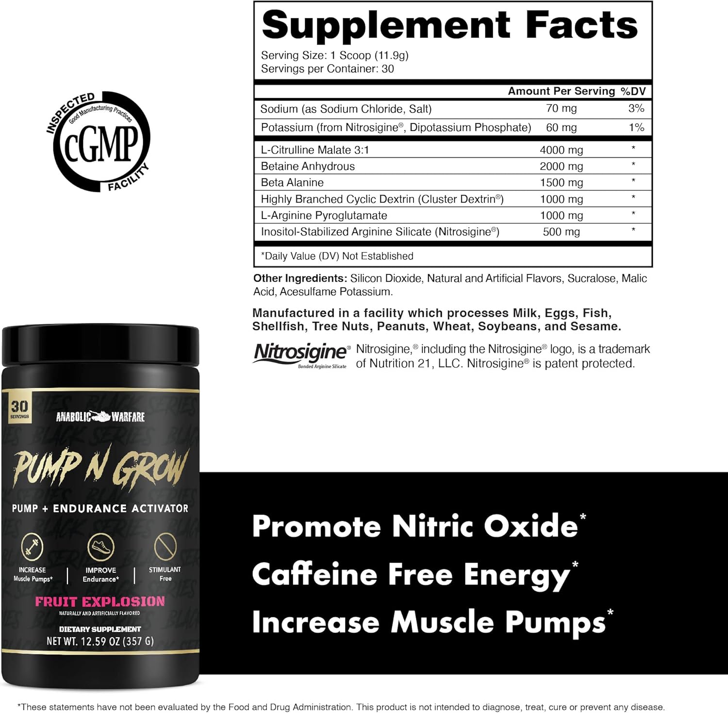 Anabolic Warfare Pump-N-Grow Muscle Pump Supplement Caffeine Free Pre Workout with L-Citrulline, L-Arginine, Beta-Alanine (Fruit Explosion– 30 Servings)