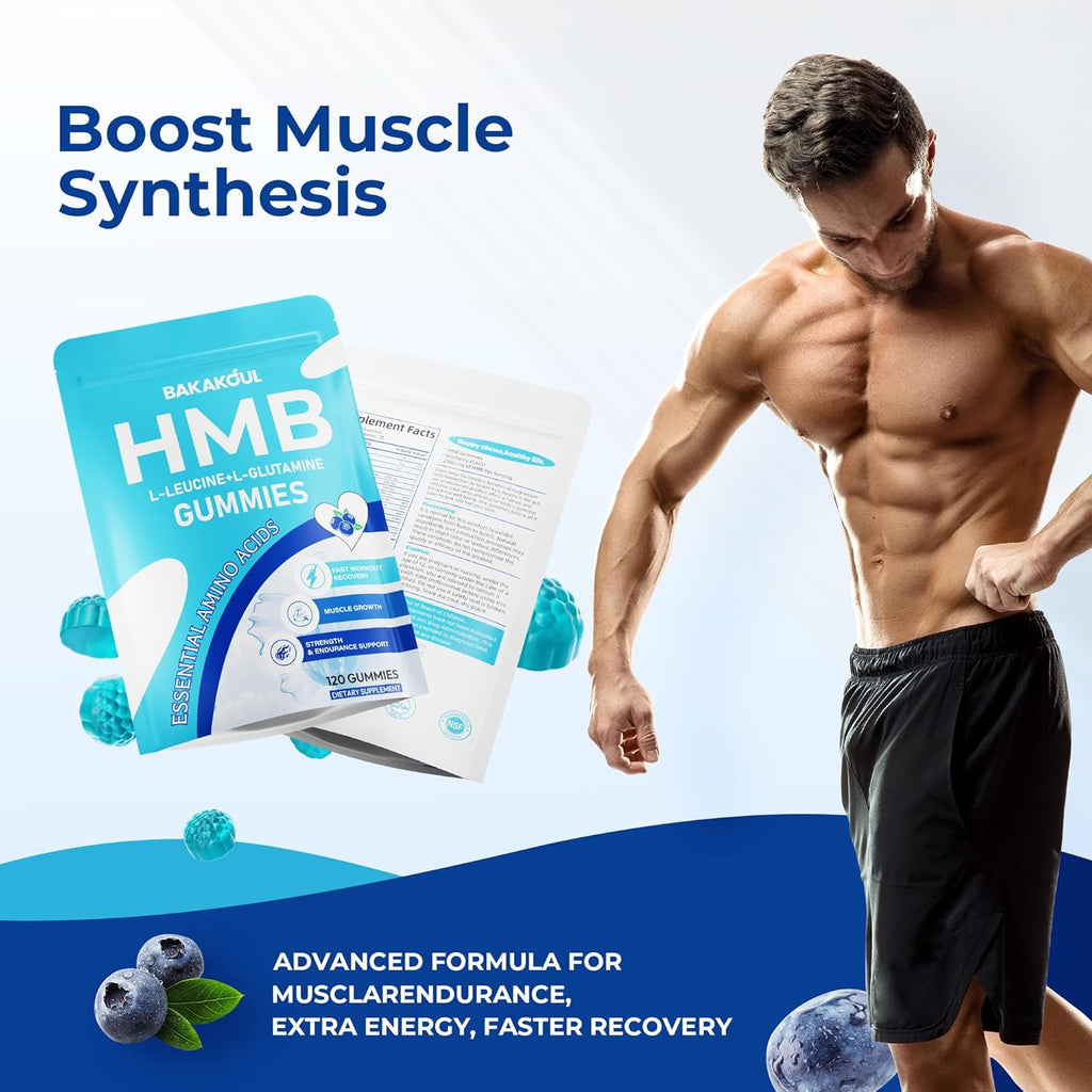 HMB and L-Leucine Gummies, HMB and Leucine Supplement Supports Muscle Fast Workout Support, HMB and Leucine Amino Acid for Men & Women, Sugar Free, Non-GMO, 120 Counts