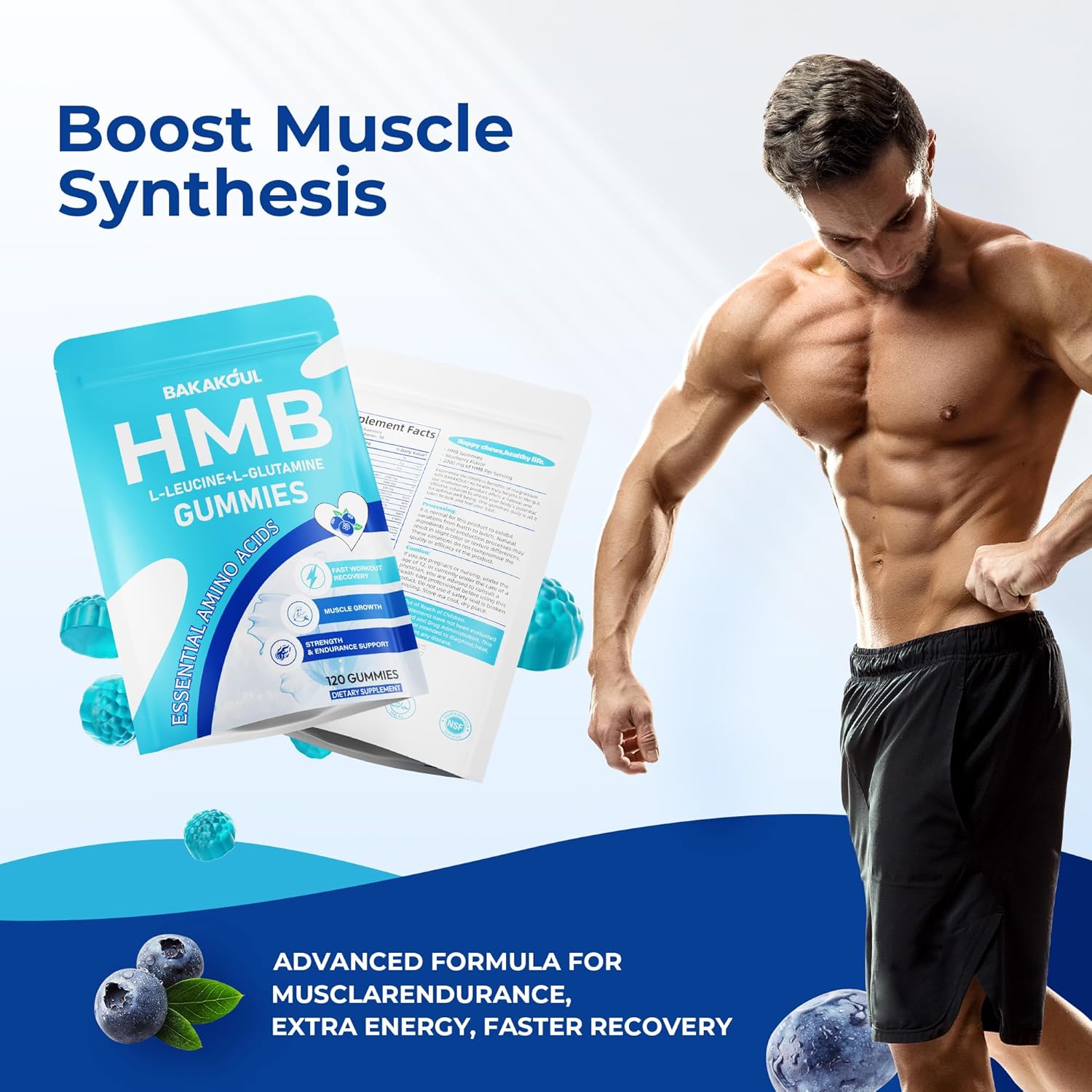 HMB and L-Leucine Gummies, HMB and Leucine Supplement Supports Muscle Fast Workout Support, HMB and Leucine Amino Acid for Men & Women, Sugar Free, Non-GMO, 120 Counts