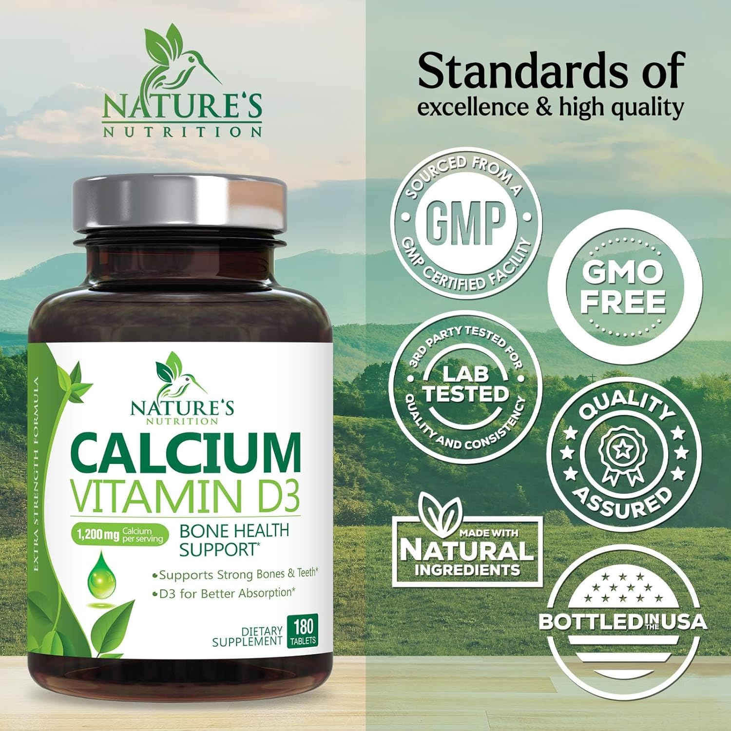 Calcium Supplement with Vitamin D - 1200 mg Calcium Carbonate with 1600 IU of D3 Vitamins - Supports Bone Strength, Teeth & Immune System - Natural & Easily Absorbable for Women & Men - 180 Tablets