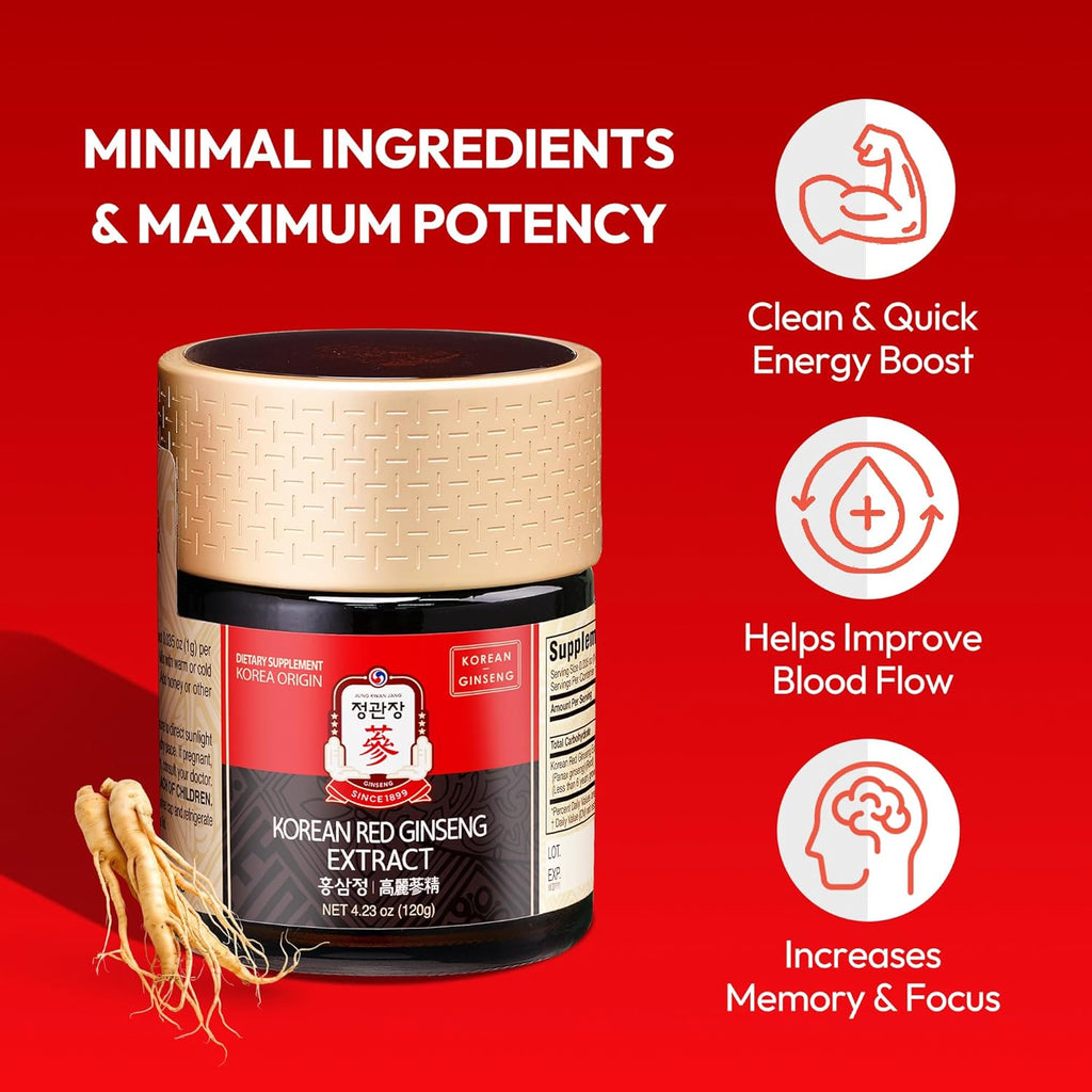 Korean Red Ginseng Extract Paste (Hong SAM JUNG) - Panax Ginseng Adaptogen Supplements - Energy Boost & Immune Support, Caffeine Free & Gluten Free (120g, 4.23 oz)