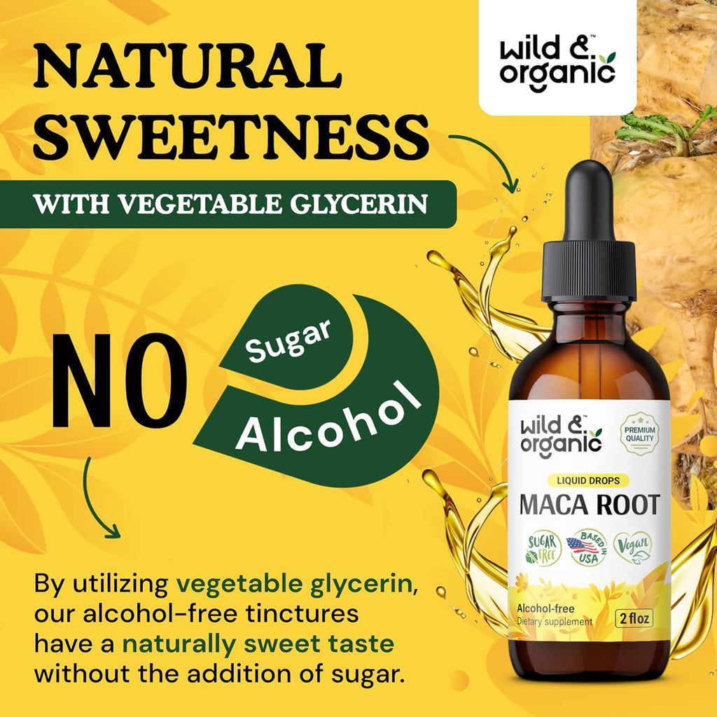 Wild & Organic Maca Root Drops for Women & Men - Mood, Focus, Active Lifestyle - Peruvian Maca Supplement - Vegan, Sugar & Alcohol-Free Tincture - 2 fl oz