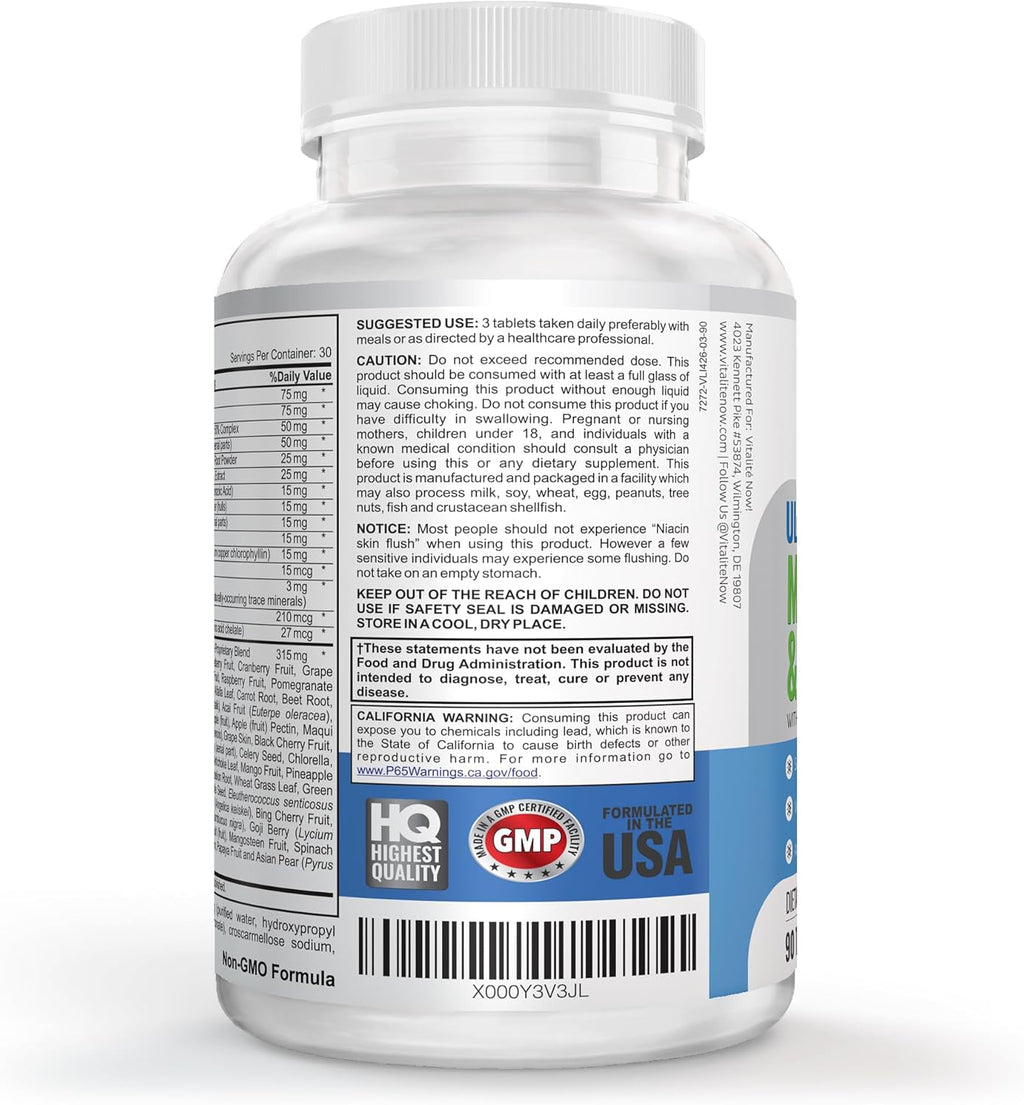 Vegan Whole Food Multivitamin & Mineral - Vitamins A B1 B2 B6 B12 C D3 E & 110 Super Foods, Herbs, Greens & Reds - Enzymes & Probiotics for Immune Support - Energy Boost - 90 Tablets
