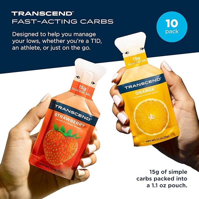 Transcend Foods Strawberry + Orange Gels (1.1 oz, Pack of 10) Fast-Acting Carb Gel Strawberry and Orange Flavor – Caffeine Free, Gluten Free